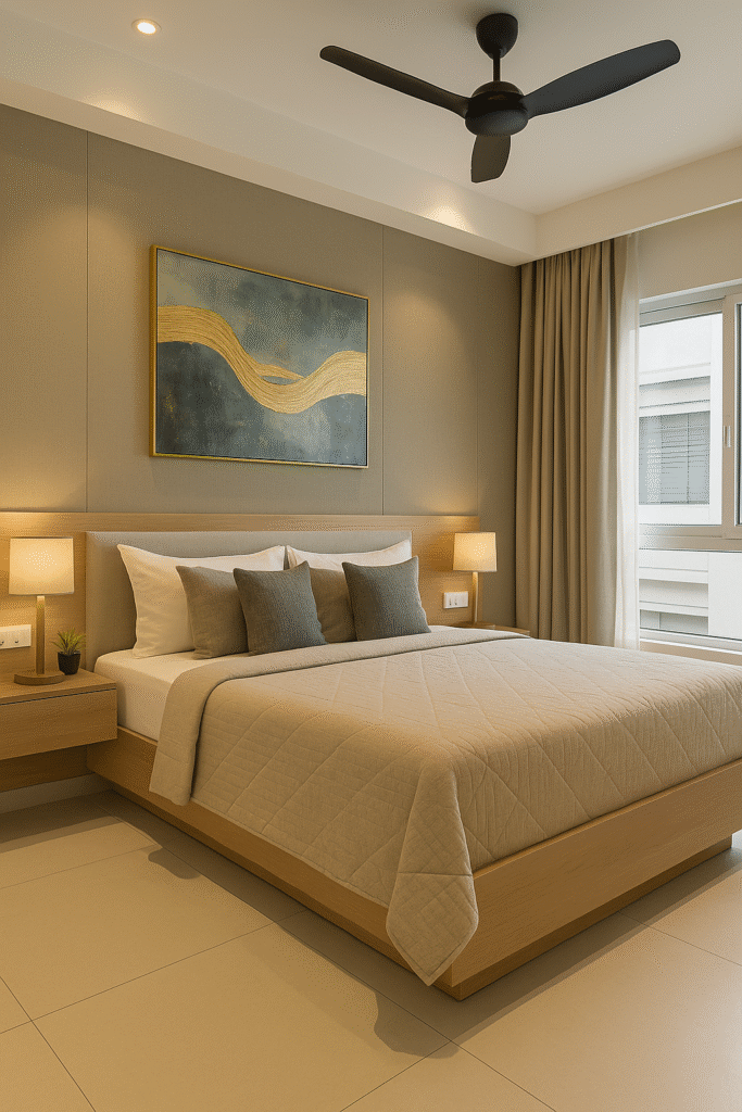 Spacious master bedroom with ambient lighting and warm textures designed by best interior designers in Bangalore