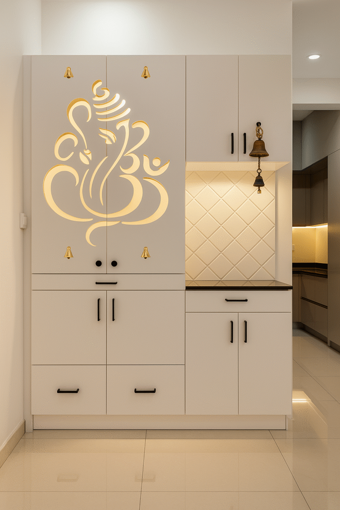 Elegant pooja room with wooden mandir and soft backlighting created by interior design experts in Bangalore