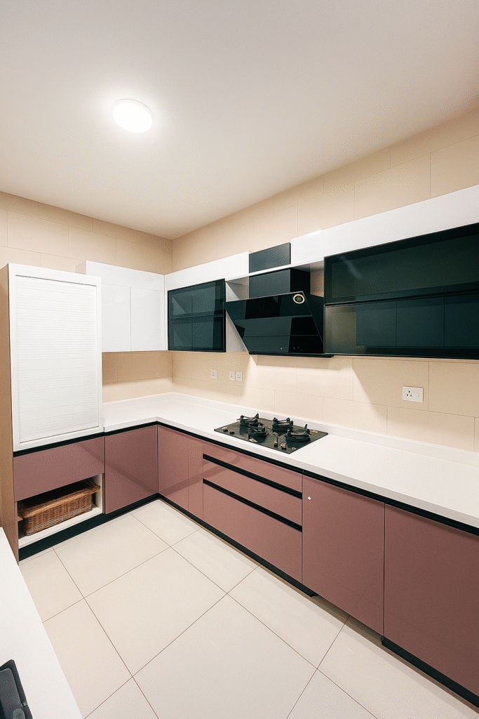 Contemporary modular kitchen with glossy cabinets and built-in appliances designed in Bangalore